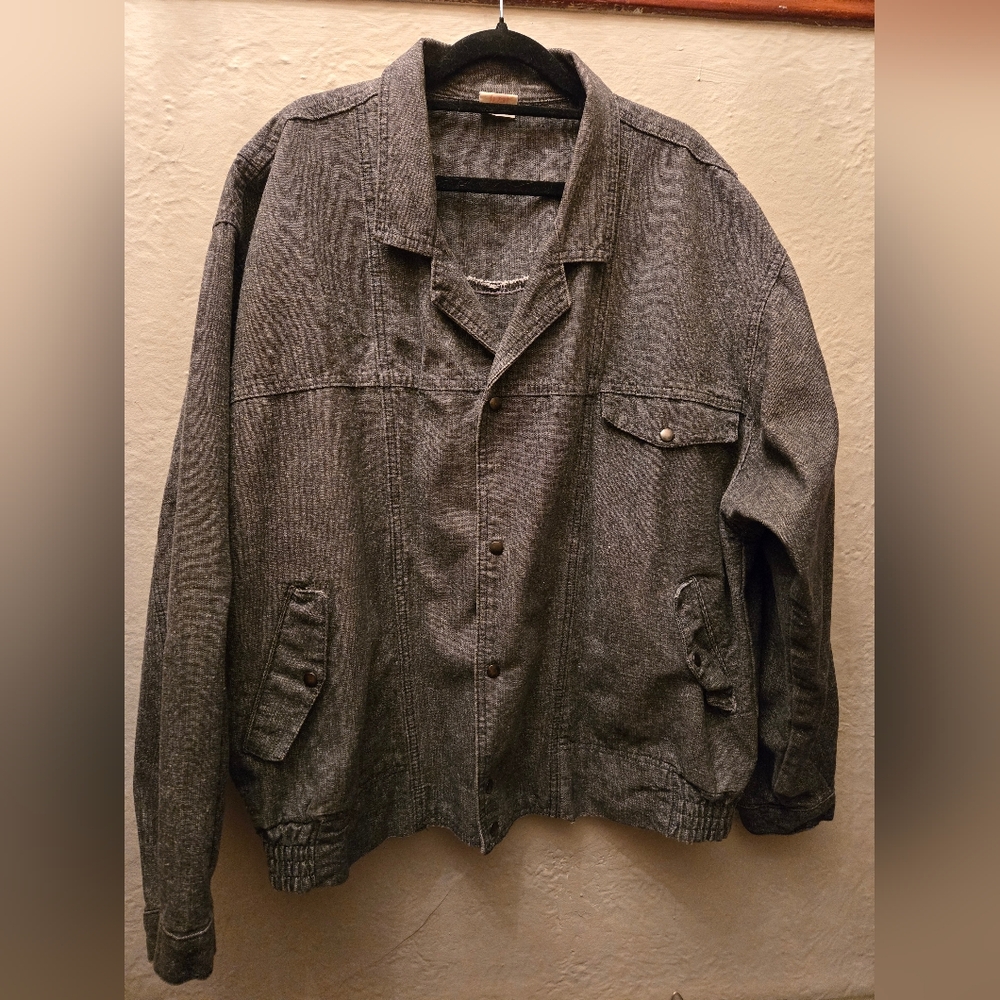 ✨ Vintage 80s/90s Gray Denim Bomber Jacket – Oversized – Distressed Pockets – L/